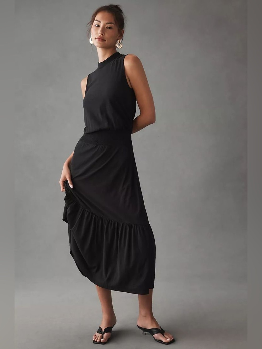 Nation Los Angeles Barrett 90s Smocked Sleeveless Black Midi Dress Women’s M
